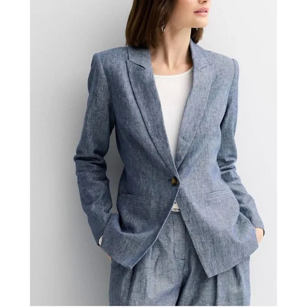 Loft denim chambray single button mid length blazer size 6